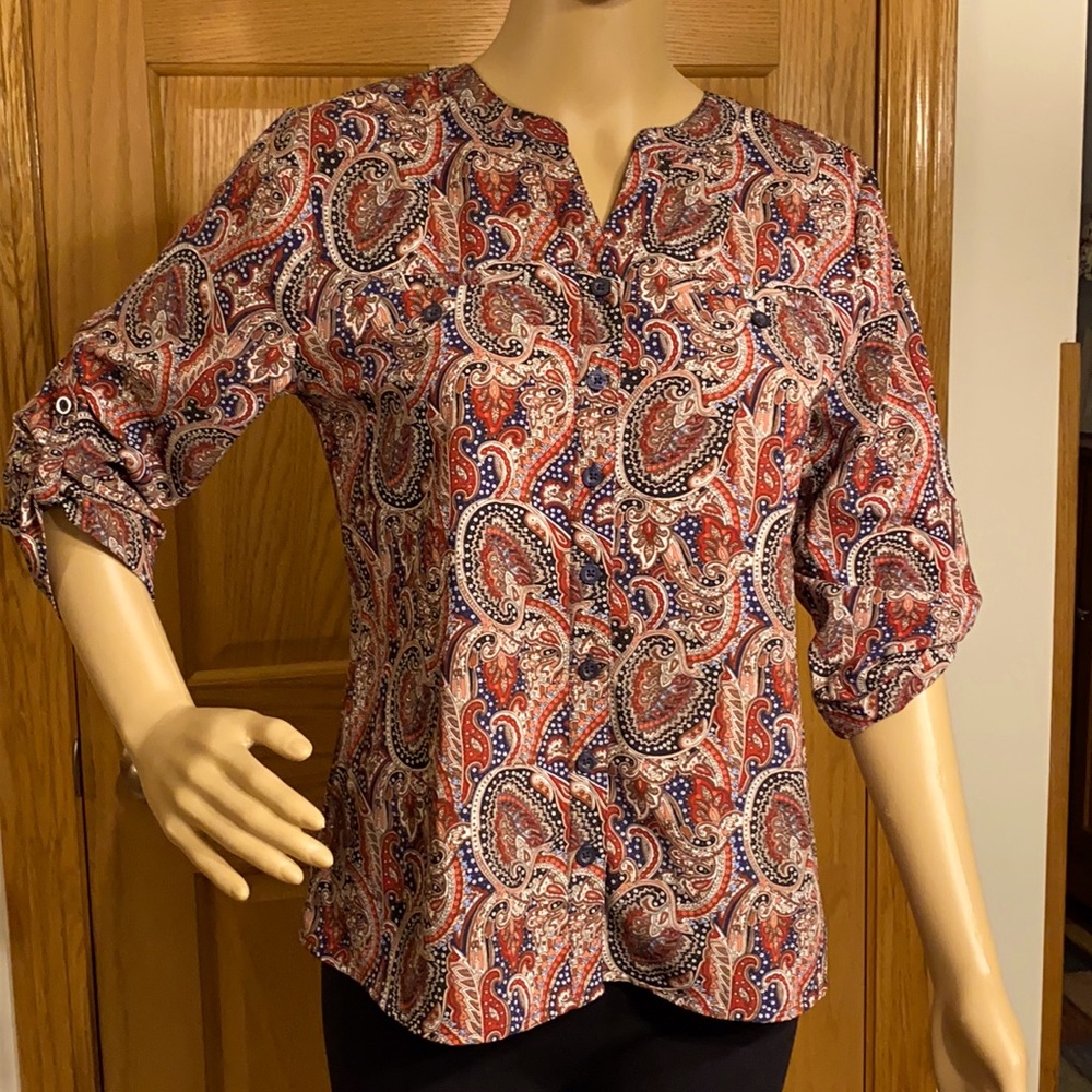 Laura Scott small petite button up blouse with elbow length sleeves